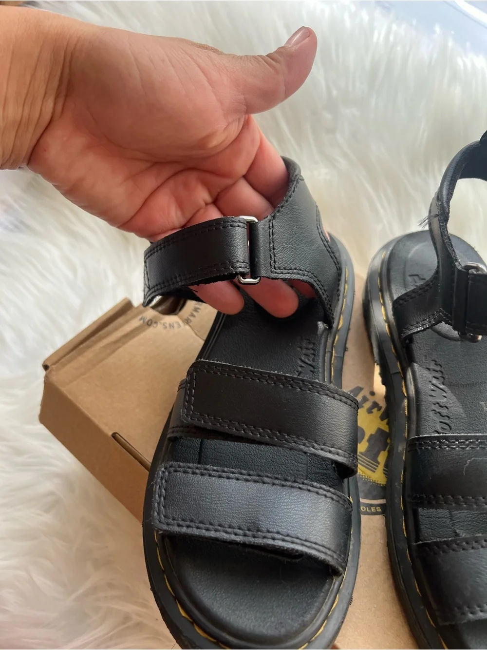 Dr. Martens Kids Black Triple-Strap Vegan Sandals with Yellow Stitching
